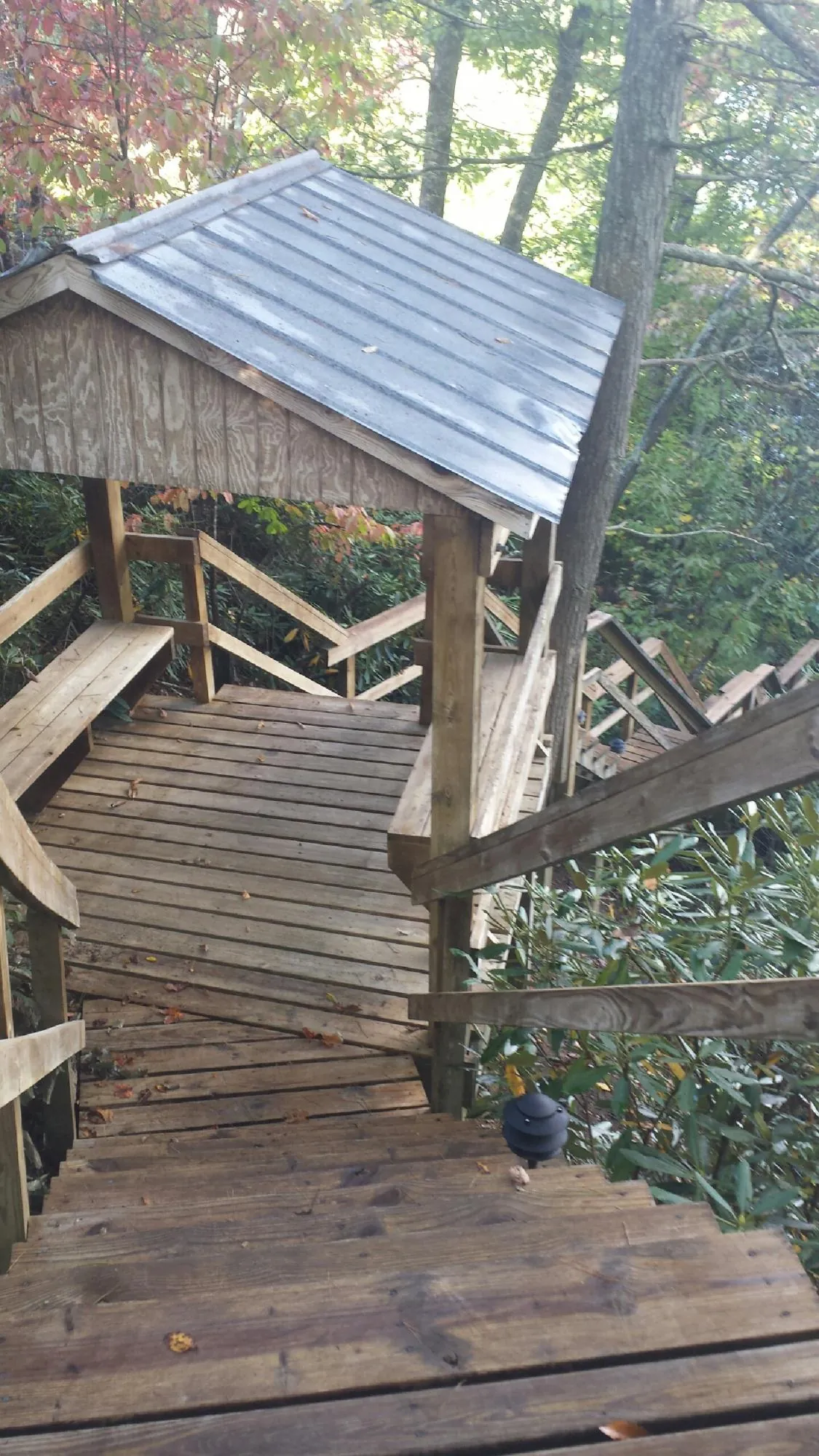 Metal roofed shelter over wooden steps on a wooded walkway — Skylight Repair & Installation work by our crew in Atmore